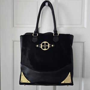 Iman Black Genuine Leather Tote Bag. Hide With Hair And Gold Accents